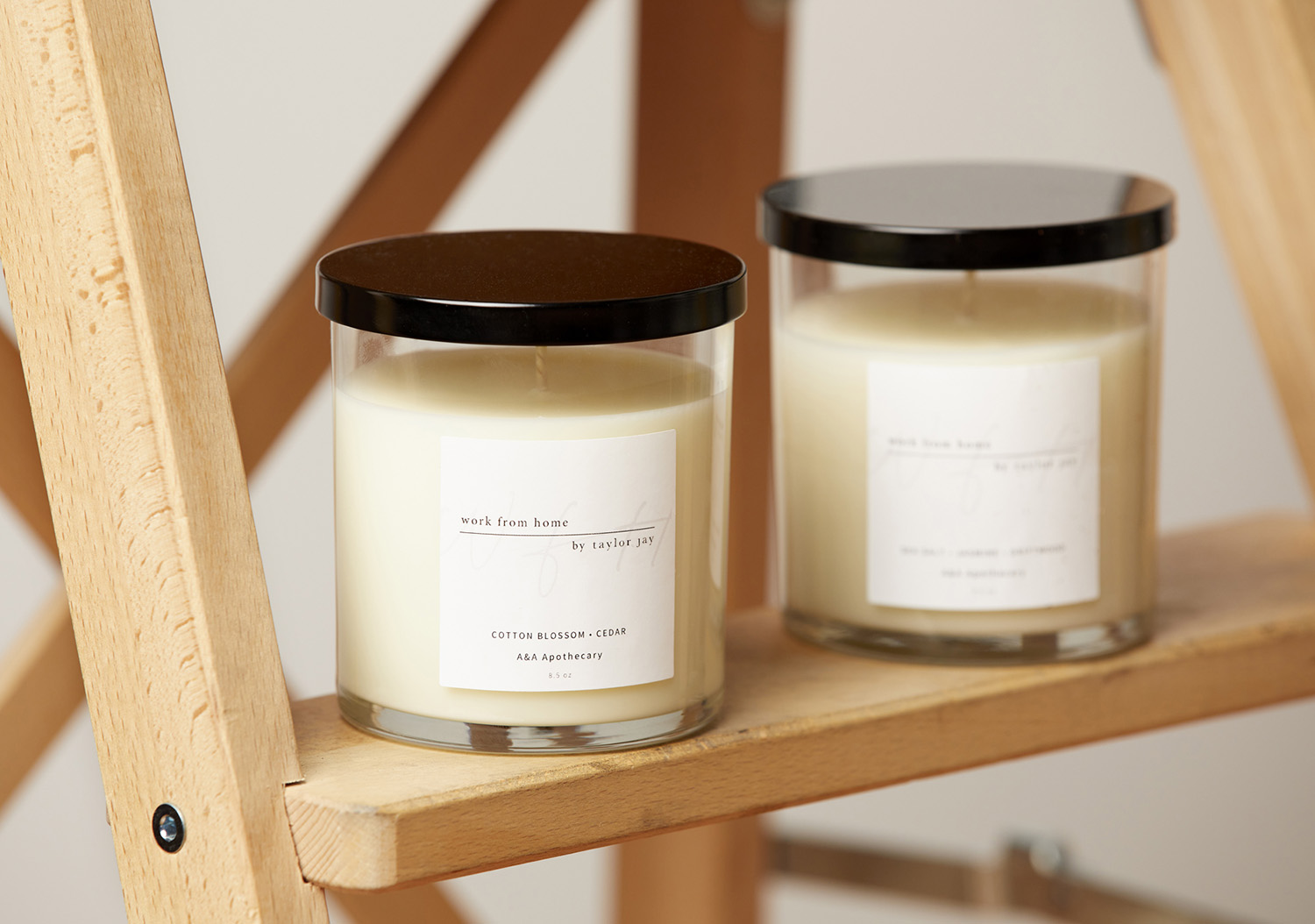 Taylor Jay Collection Candles on wooden ladder.  Image by Sean D. Johnson