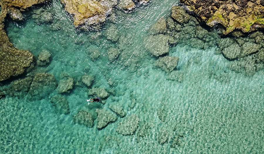 Solo Snorkeler in the  Mediterranean Sea from above